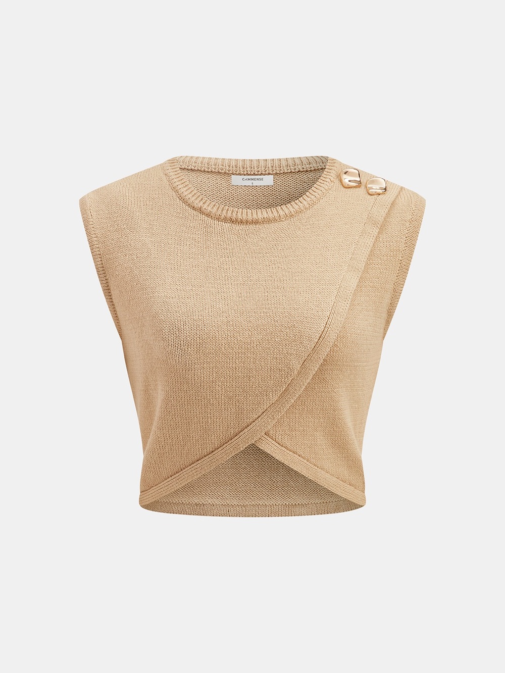 Meshki Beige Knit Cropped Shell with Gold Buttons